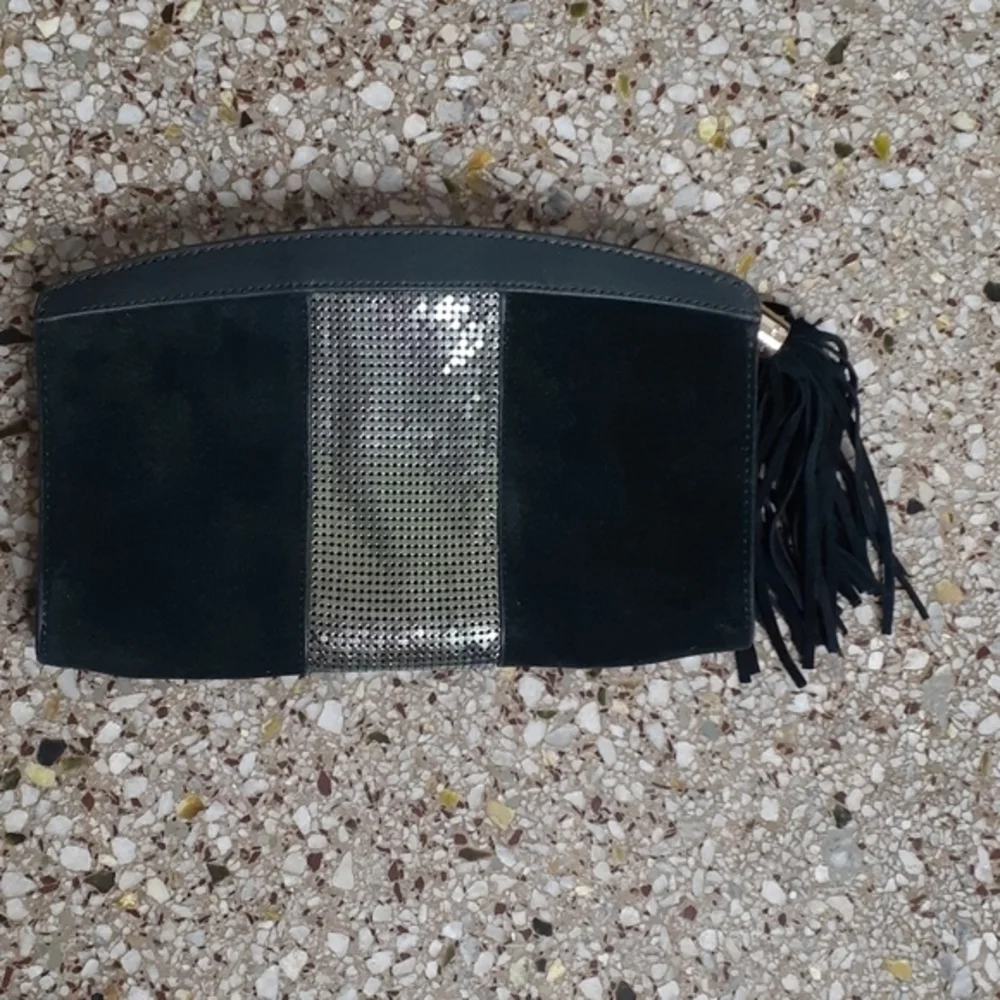 BCBG MAXAZRIA Dark Green Suede Leather & Metal Clutch w Fringe Tassel Accent